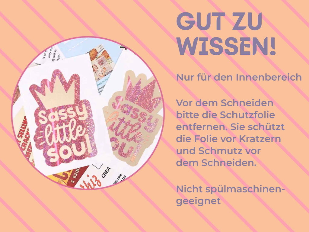 Wichtige Infos zur TeckWrap Craft Glitter Mermaid Vinylfolie: nur für Innenräume geeignet, Schutzfolie vor dem Schneiden entfernen, nicht spülmaschinenfest