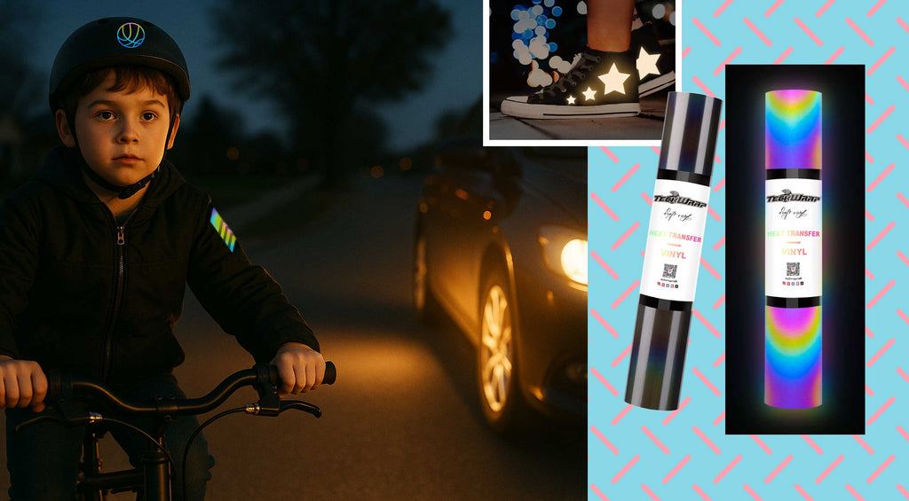 Schwarze Textilfolie von Teckwrap craft, die im Dunkeln bei Beleuchtung in Regenbogen-Farben reflektiert, damit man unterwegs im Herbst und Winter gesehen wird.