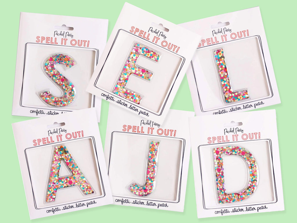 Bunte Konfetti Sticker Buchstaben A–S im Set – ideal für Laptop, Notizbuch oder Schultüte. Selbstklebend, transparent, DIY-Deko.