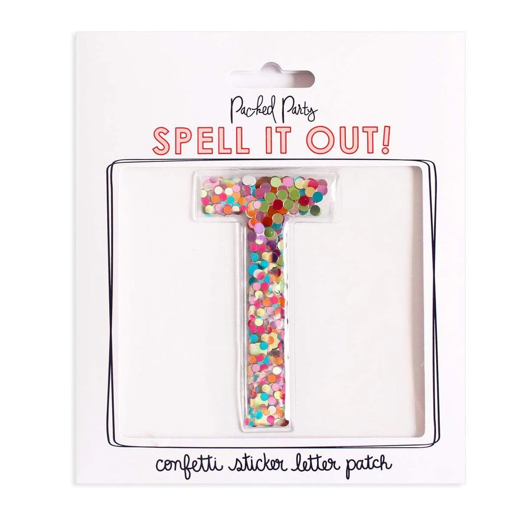 Konfetti Sticker Buchstabe T – bunter DIY-Aufkleber mit Konfetti-Design für kreative Bastelprojekte.