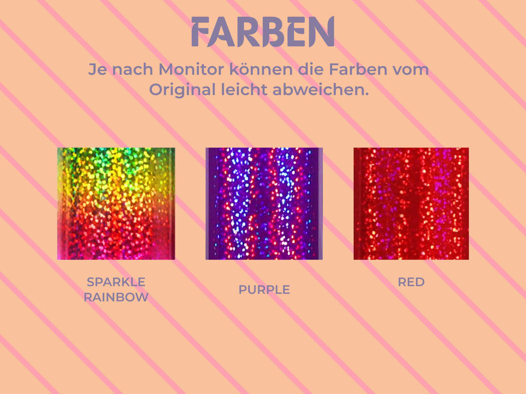 Erhältliche Farben der Holographic Sparkle Vinylfolie: Sparkle Rainbow, Purple und Red – mit intensivem Glitzereffekt.