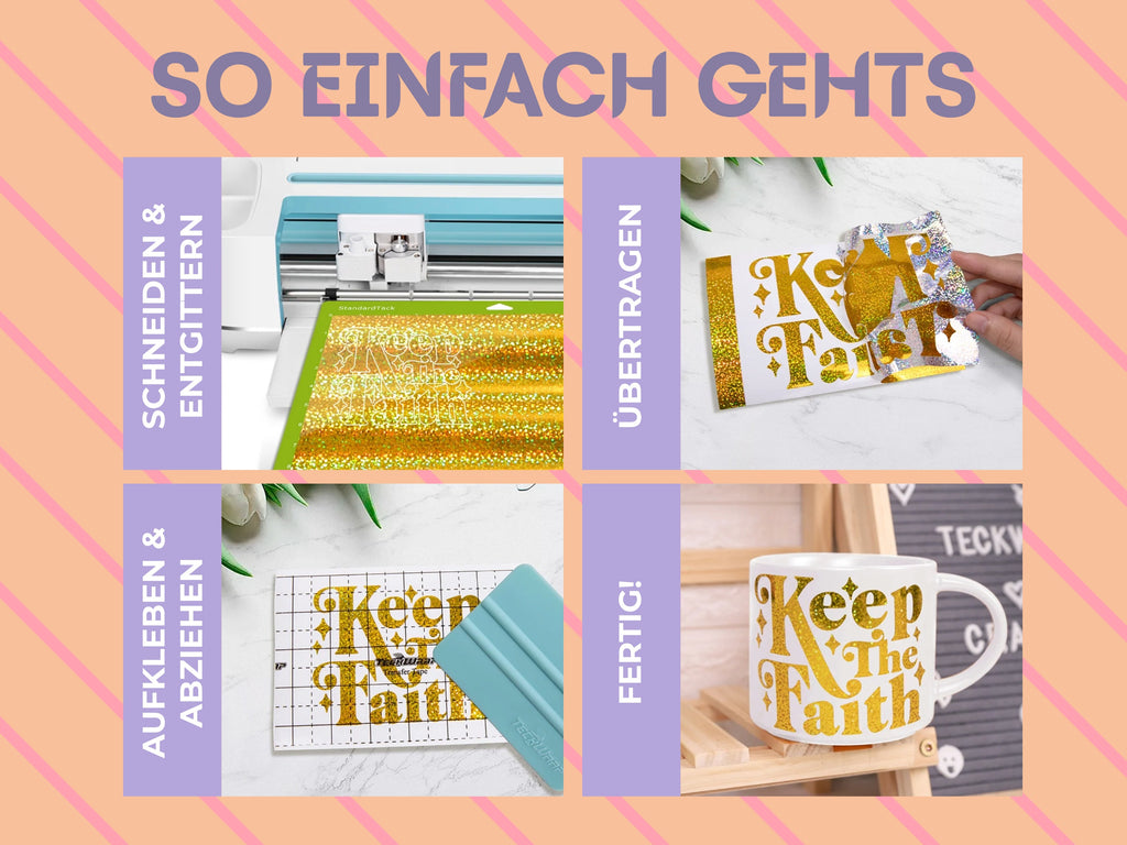 Schritt-für-Schritt-Anleitung zur Anwendung der TeckWrap Holographic Sparkle Vinylfolie: schneiden, entgittern, übertragen, fertig.