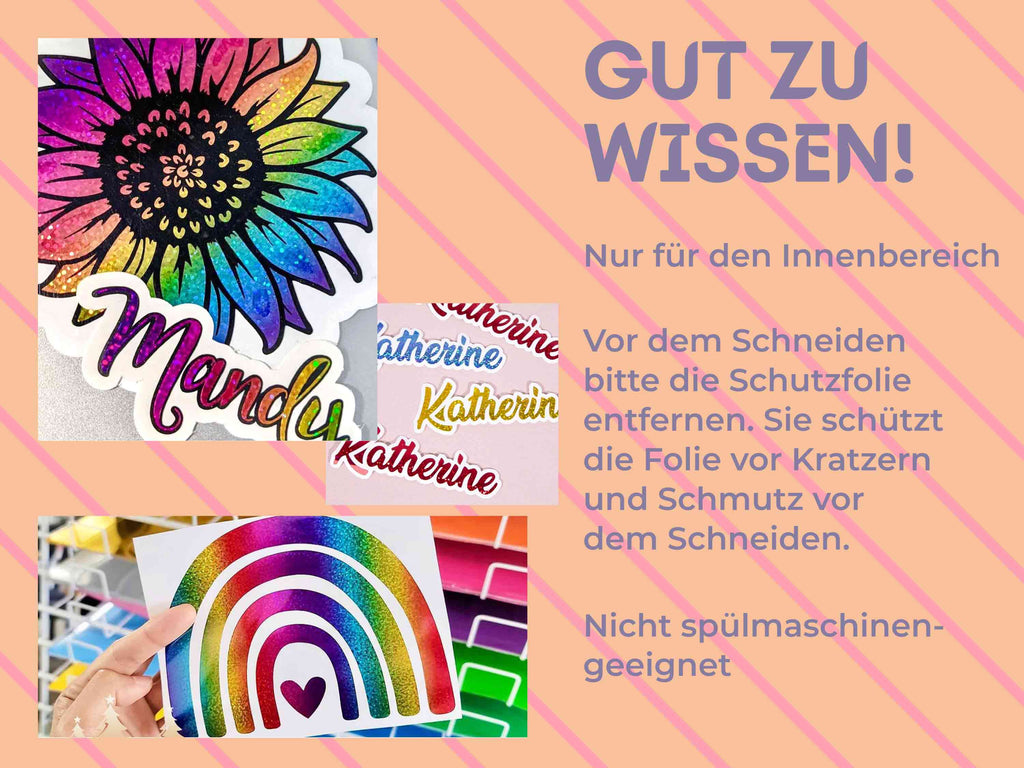 Wichtige Hinweise zur Nutzung der Holographic Sparkle Vinylfolie: nur für Innenbereich, Schutzfolie entfernen, nicht spülmaschinengeeignet.