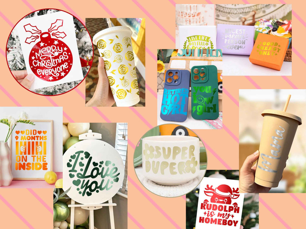 DIY-Beispiele mit TeckWrap Craft Satin Chrome Folie: Dekoration von Tassen, Schildern, Handyhüllen und Geschenkideen – farbintensiv, glatt und pflegeleicht
