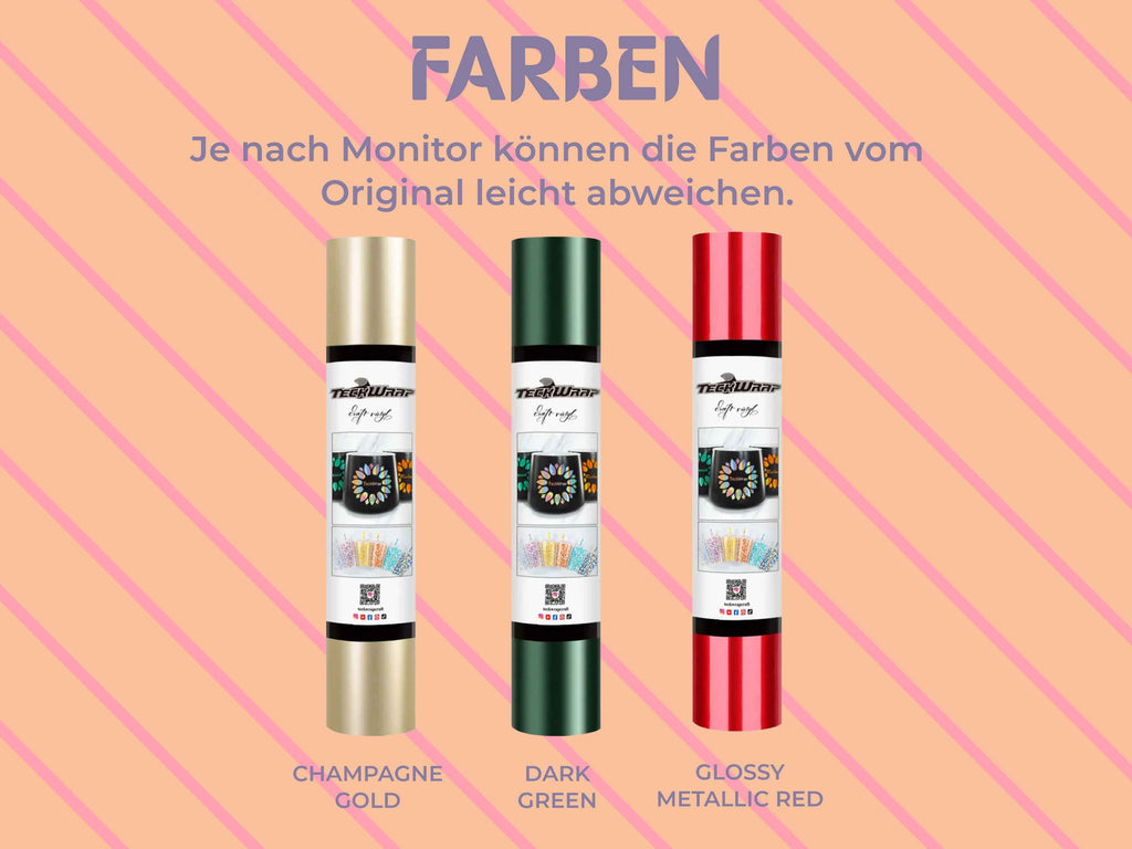 Farbvarianten der TeckWrap Craft Metallic Satin Chrome Folie: Champagne Gold, Dark Green, Glossy Metallic Red – je 30,5 x 152 cm groß, leicht entgitterbar
