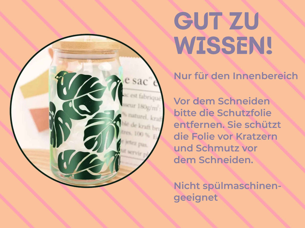 Wichtig bei der Anwendung: Nur für den Innenbereich, Schutzfolie vor dem Schneiden abziehen, nicht spülmaschinenfest – ideal für langlebige Indoor-Deko
