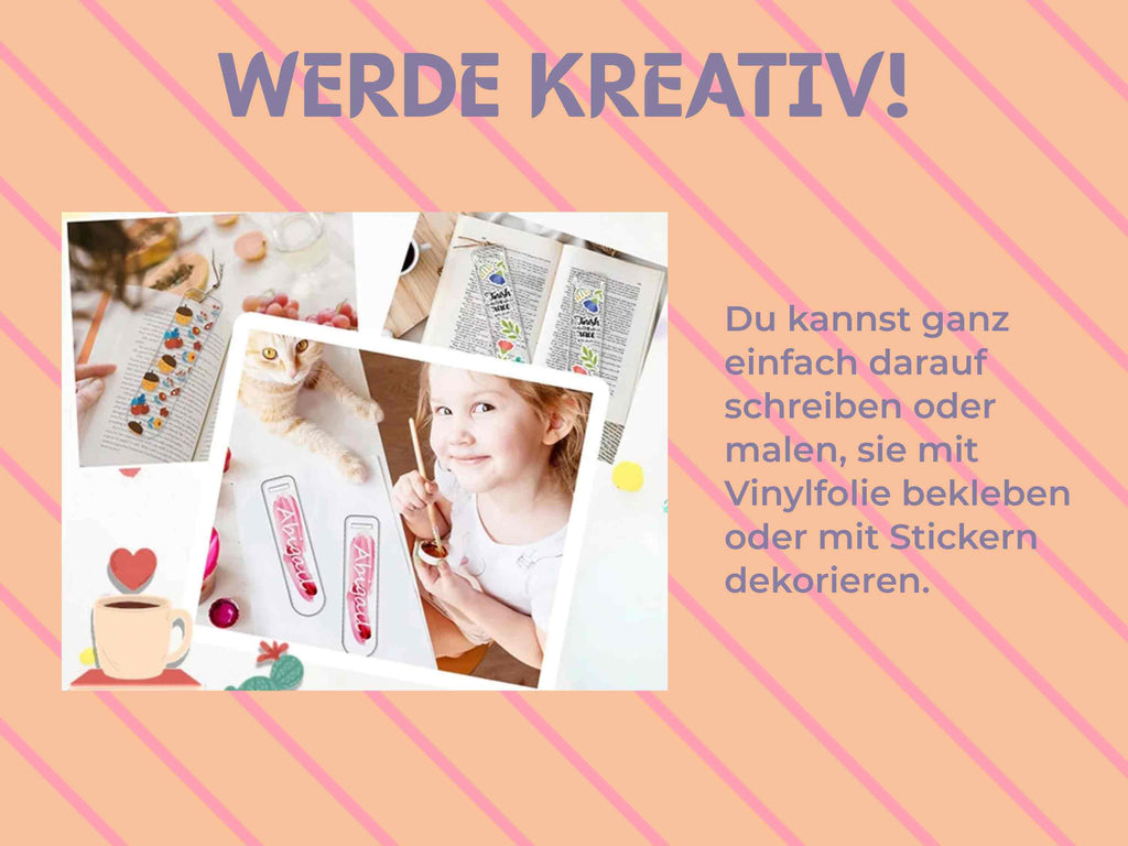 Inspirationen für die kreative Gestaltung: bemalte, beklebte Lesezeichen mit Vinyl, Sticker und kindgerechten Designs.