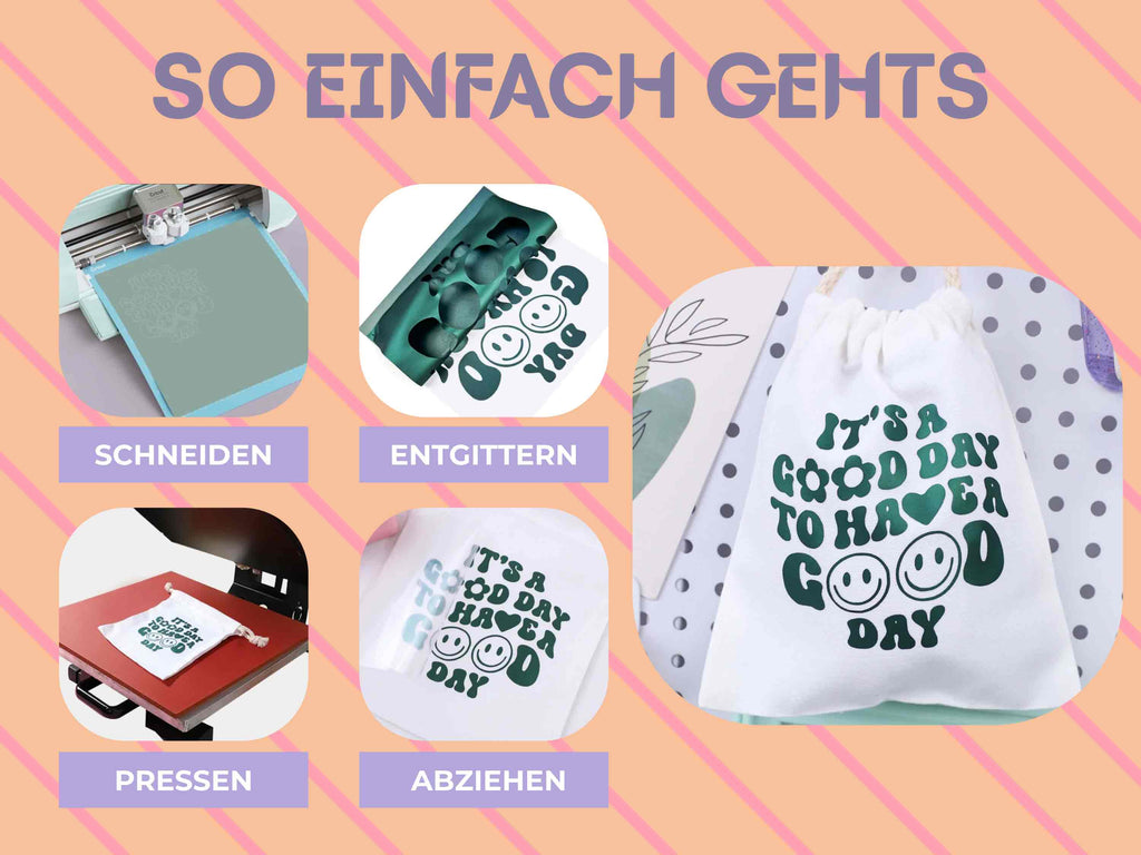Schritt-für-Schritt-Anwendung der HTV PU Textilfolie: Schneiden, Entgittern, Pressen, Kalt abziehen – perfekt für DIY-Einsteiger:innen.