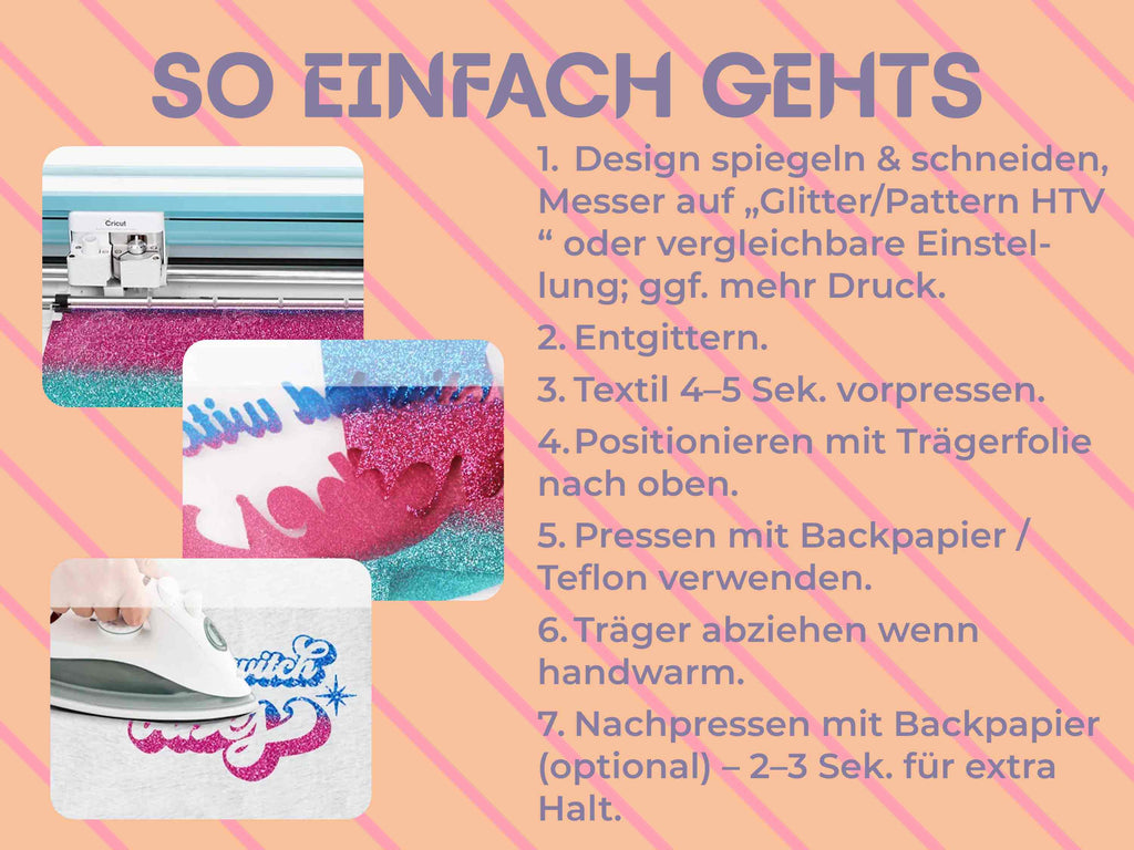 Schritt-für-Schritt-Anleitung für das Aufpressen der Ombré Glitter HTV-Folien – Schneiden, Entgittern, Pressen, Trägerfolie abziehen, Nachpressen
