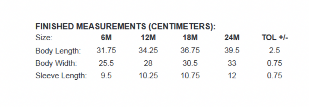Größentabelle in cm für Baby T-Shirts von 6M bis 24M. Hilfreich zur Auswahl der richtigen Passform für deine DIY-Projekte.