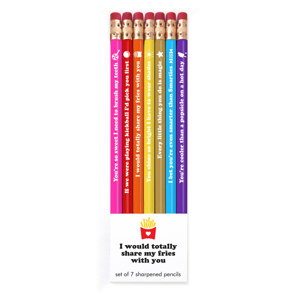 Snifty Pencil Set ‚I Would Totally Share My Fries With You‘ – 7 bunte Bleistifte mit süßen englischen Sprüchen, perfekt zum Scribbeln