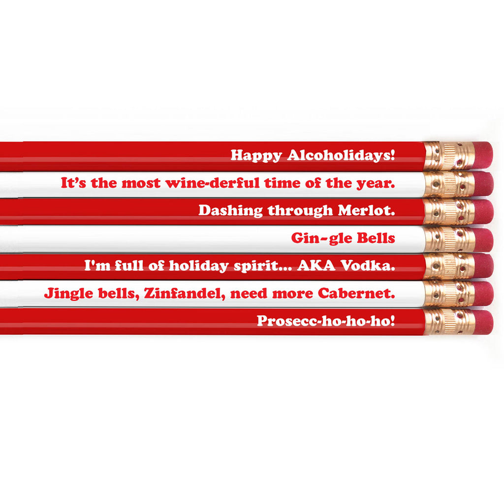 Nahaufnahme Snifty Holiday Cheers – rote und weiße Bleistifte mit witzigen Sprüchen rund um Wein, Prosecco und Weihnachten