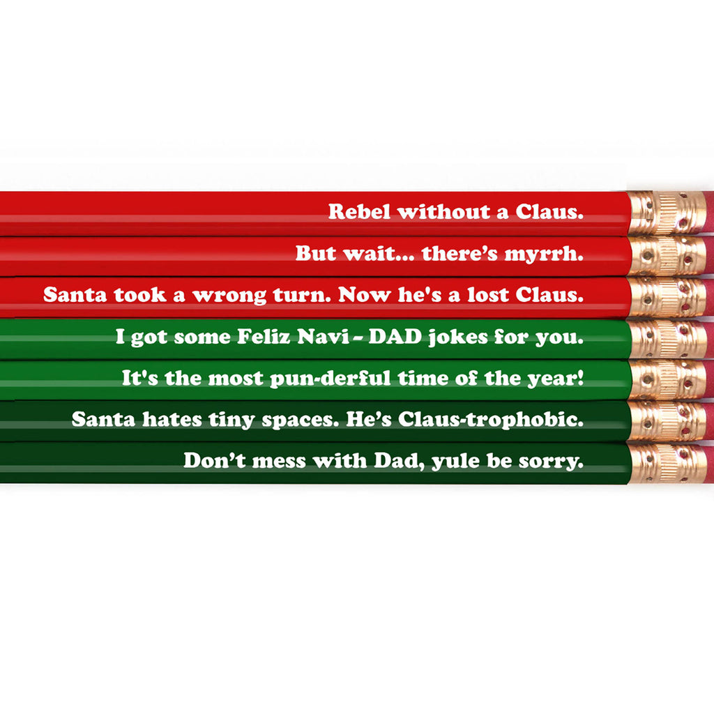 Detailaufnahme Snifty Holiday Dad Jokes – rot-grüne Bleistifte mit Weihnachts-Wortspielen für Väte
