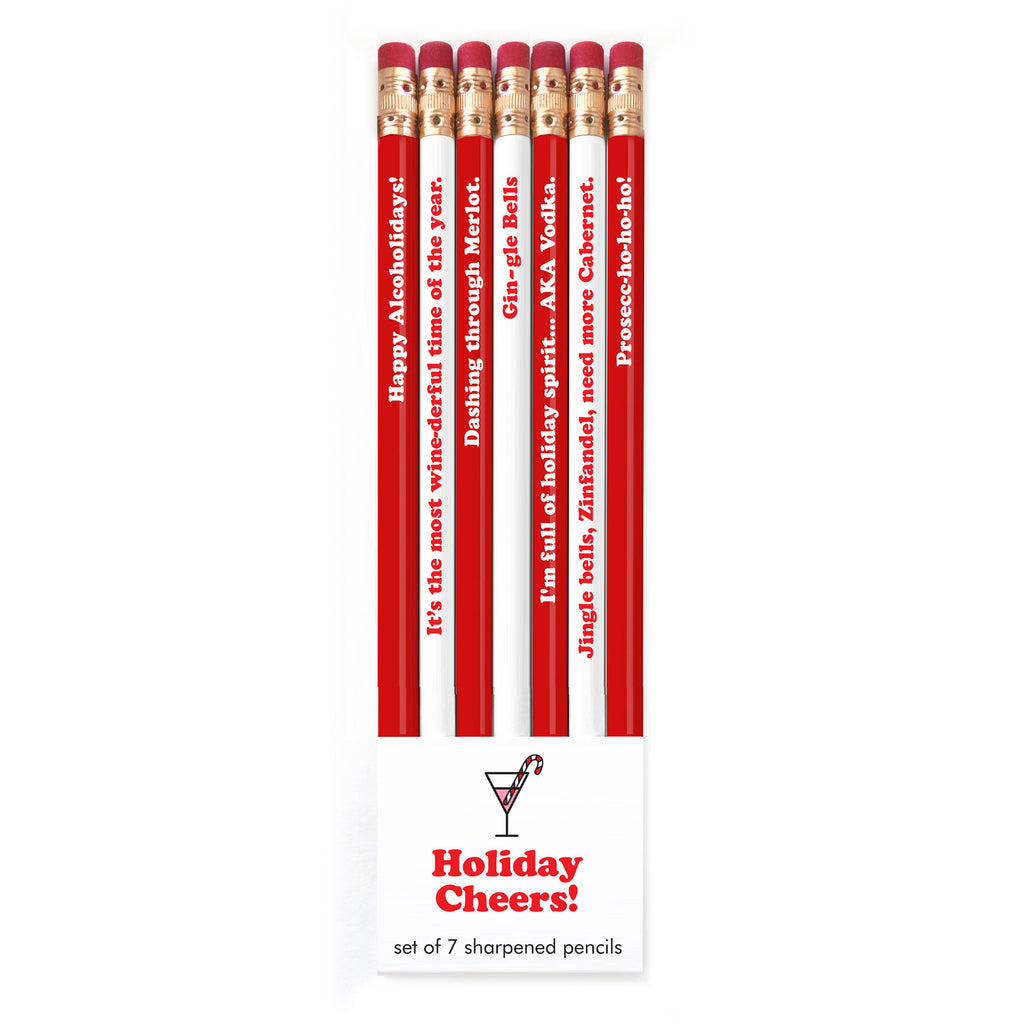 Snifty Set Holiday Cheers – rote Bleistifte mit weißen Aufdrucken wie Prosecc-ho-ho-ho und Dashing through Merlot