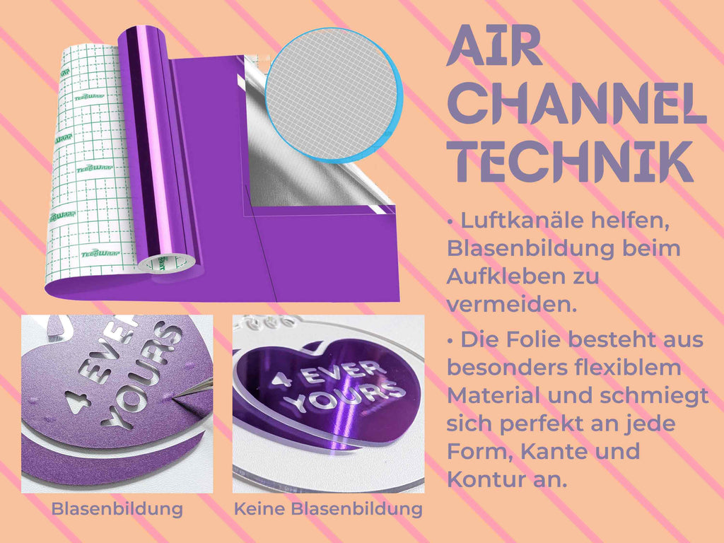 Detailaufnahme der Air-Channel-Technologie der TeckWrap Craft Vinylfolie, die Blasenbildung verhindert und sich flexibel an Konturen anpasst.