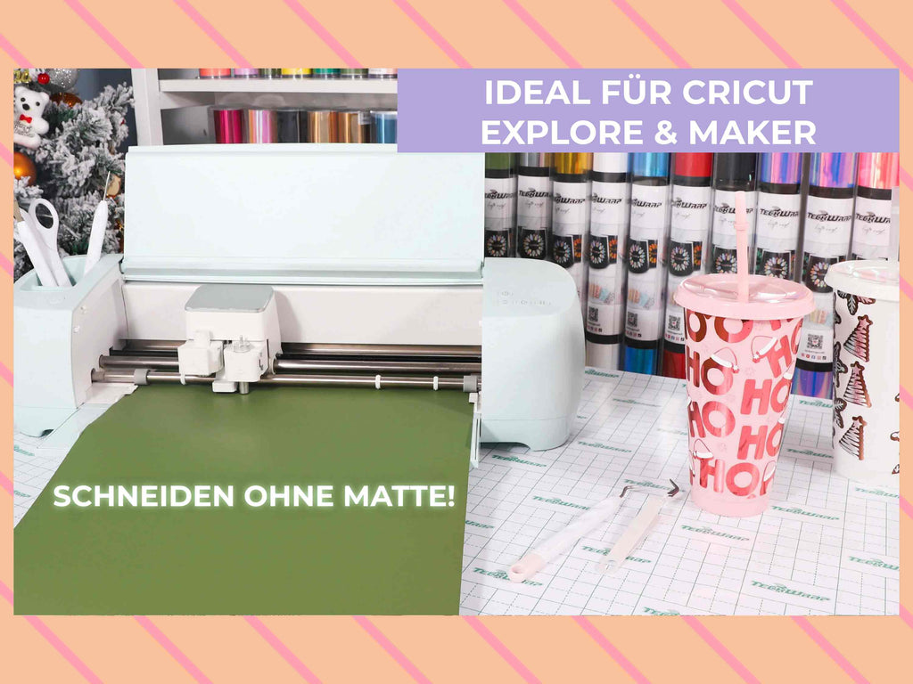 TeckWrap Smart Vinylfolie wird direkt im Cricut Maker oder Explore ohne Matte geschnitten – perfekt für schnelle DIY-Projekte.