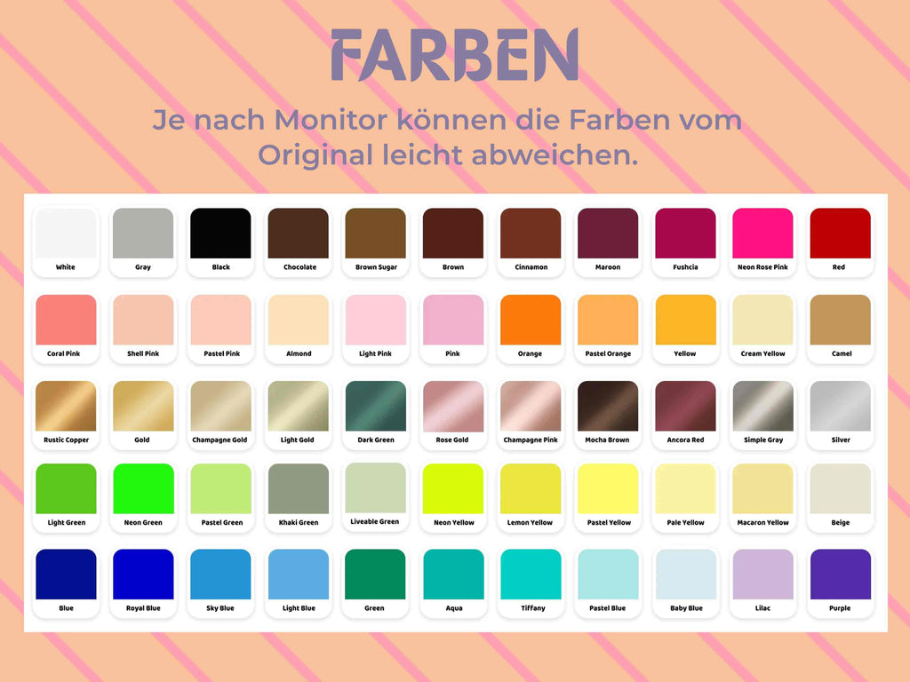 Große Farbauswahl der klassischen TeckWrap HTV PU Textilfolie: von Pastell über Neon bis Metallic – für alle Plotterprojekte.