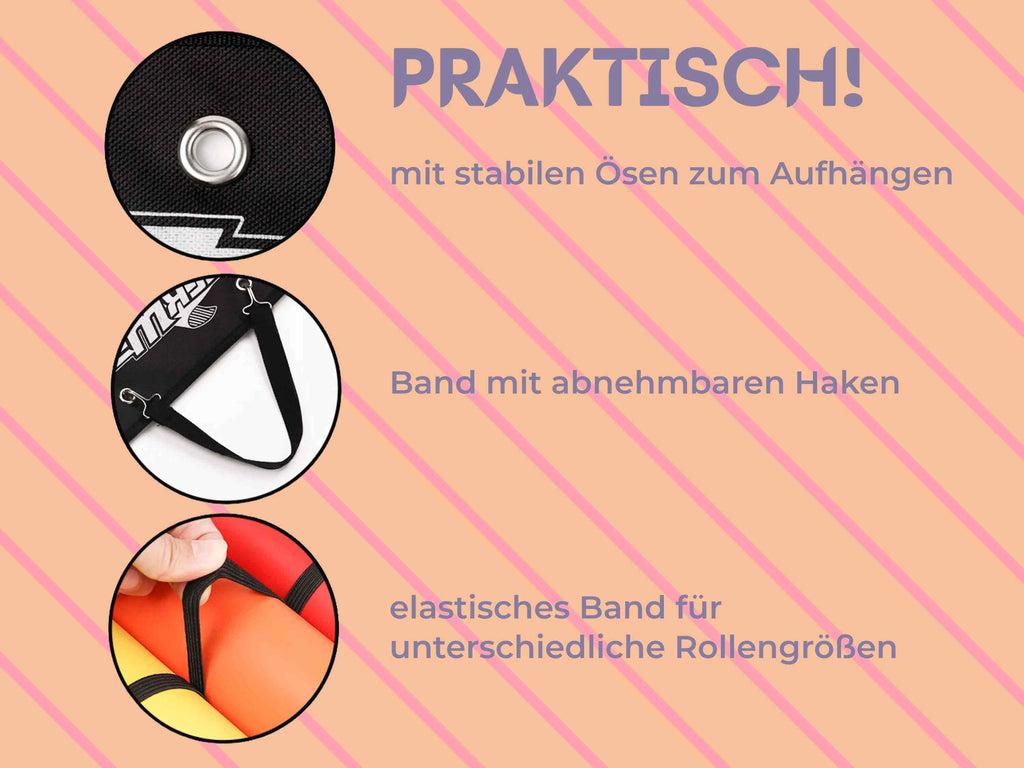 Details: stabile Ösen, abnehmbare Haken und elastische Bänder für verschiedene Rollengrößen