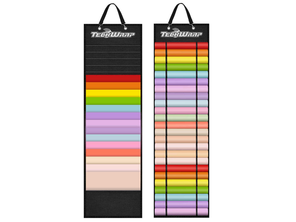 Vorder- und Rückseite des TeckWrap Craft Folien-Organizers – schwarz, voll befüllt mit bunten Vinylrollen