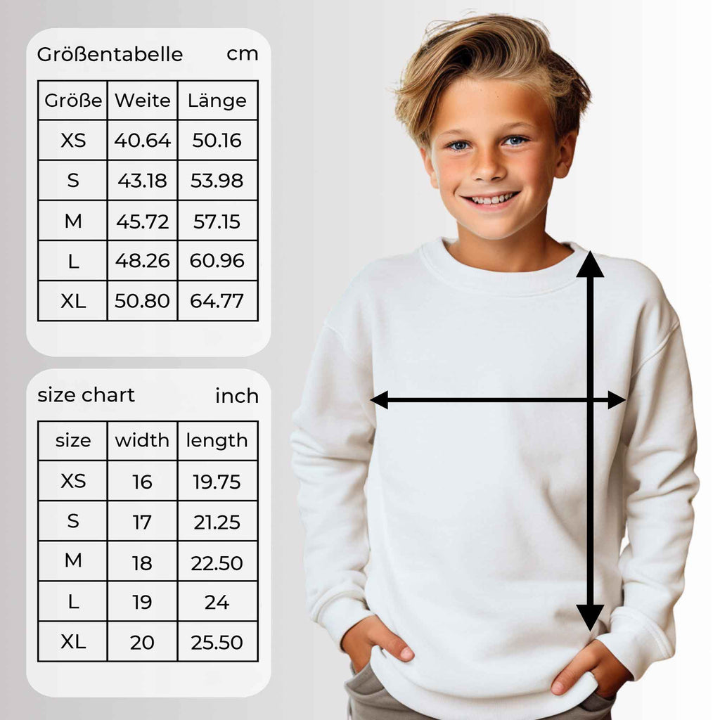 Größenübersicht für das Gildan 18000B Kinder-Sweatshirt in cm und inch – ideal zum Vergleichen vor dem Kauf.
