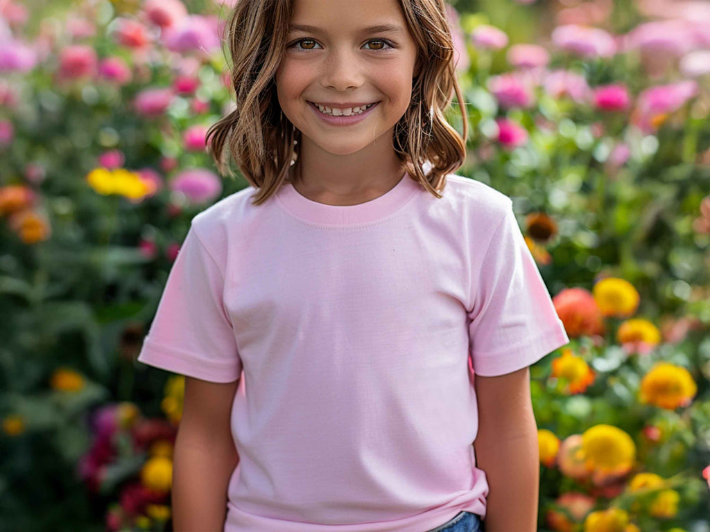 Mädchen mit hellrosa DIY T-Shirt – ideal zum Selbstgestalten mit Cricut