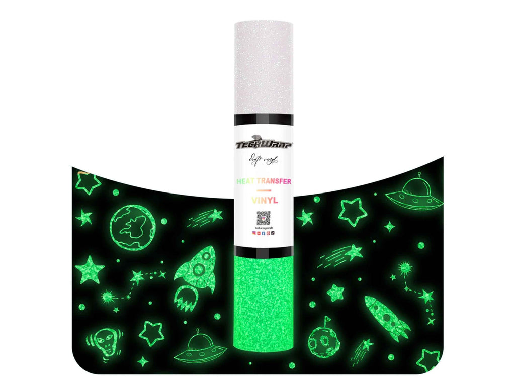 Glow-in-the-Dark HTV in Weiß mit Glitzer – perfekt für auffällige Motive, die bei Licht leuchten