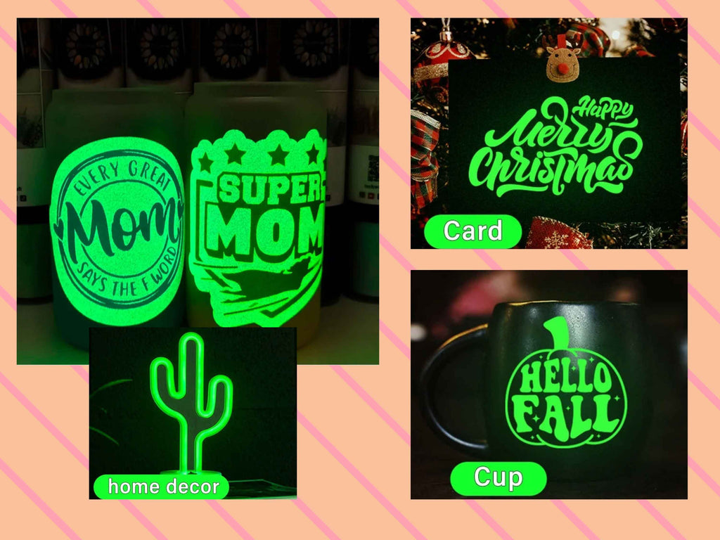 Leuchtende DIY-Beispiele mit weißer Glow-in-the-Dark Vinylfolie von TeckWrap Craft: Motive auf Tassen, Karten und Home Deko – ideal für Cricut, Silhouette & Brother, perfekter Glow nach Lichteinwirkung, besonders für Halloween-Projekte