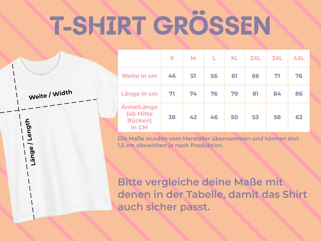 Plotter Queen T-Shirt Größentabelle mit Maßen in cm – hilfreich zur Größenwahl bei Unisex Passform