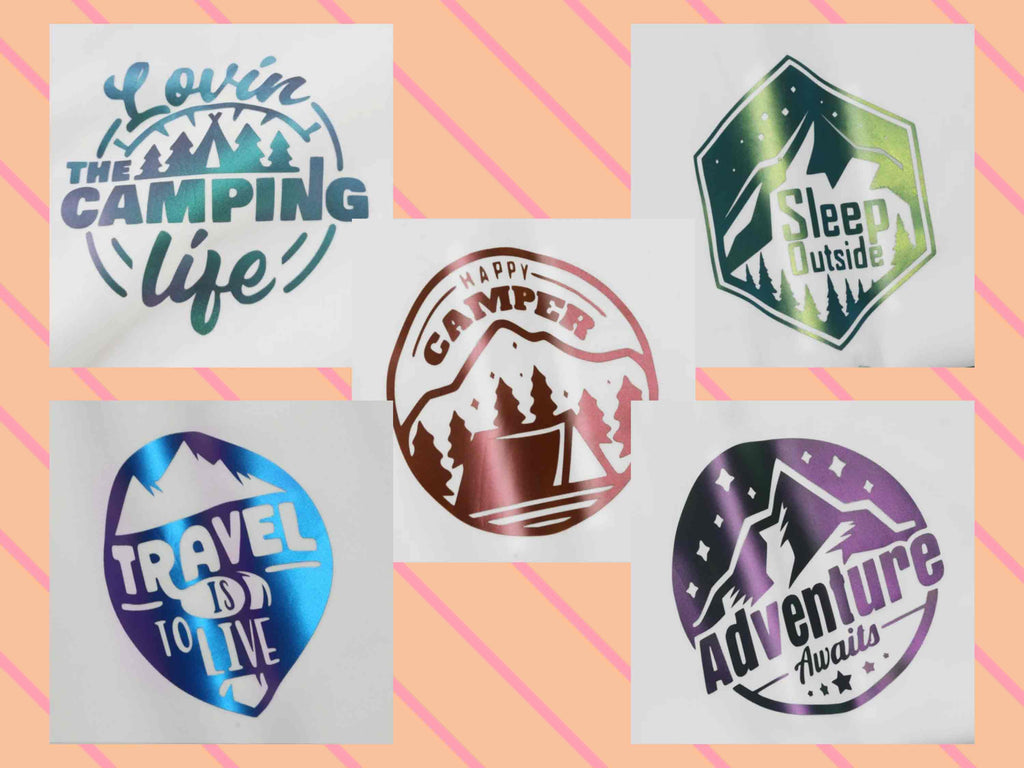 Beispielhafte Designs mit Chameleon HTV-Folie als verschiedenene Motive – changierender Look je nach Licht.