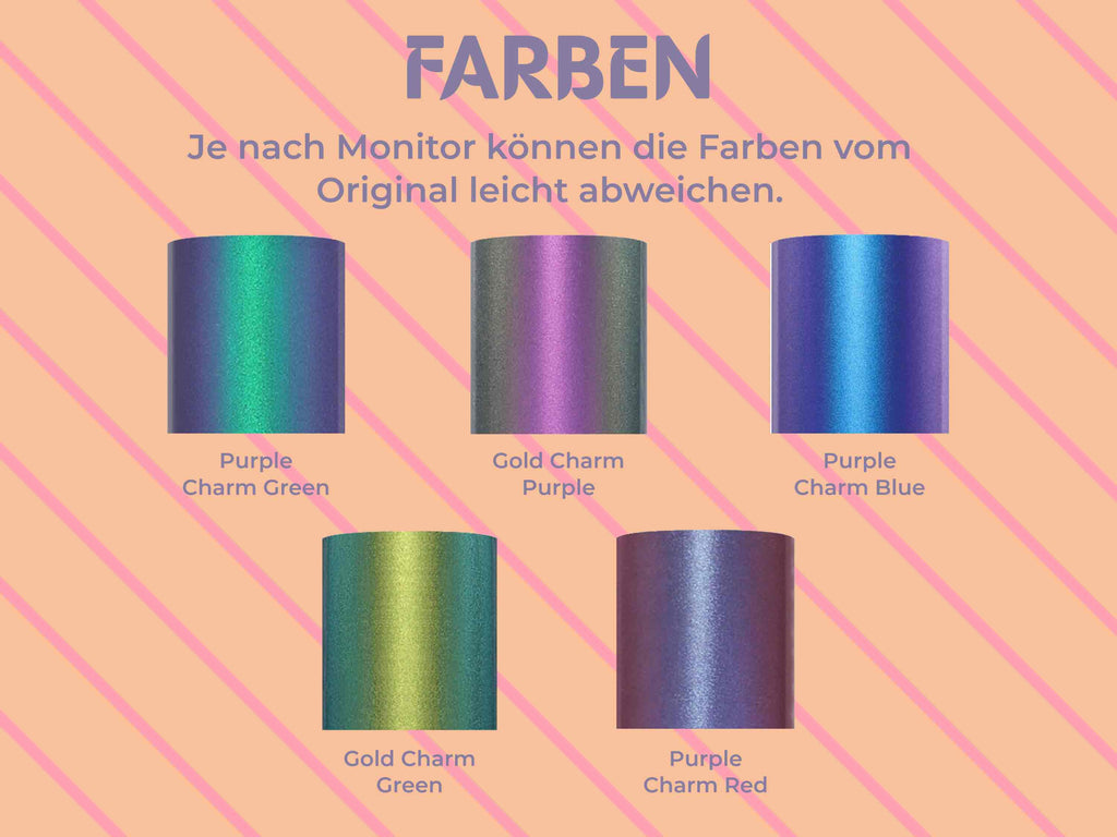 Farbvarianten der Chameleon HTV-Folie: Purple Charm Green, Purple Charm Blue, Gold Charm Purple, Gold Charm Green, Purple Charm Red.