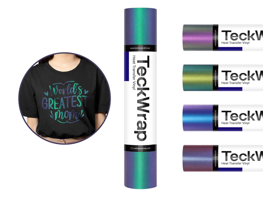 Textilfolie Chameleon von TeckWrap Craft auf schwarzem T-Shirt mit „World’s Greatest Mom“-Design in schimmerndem Farbverlauf.