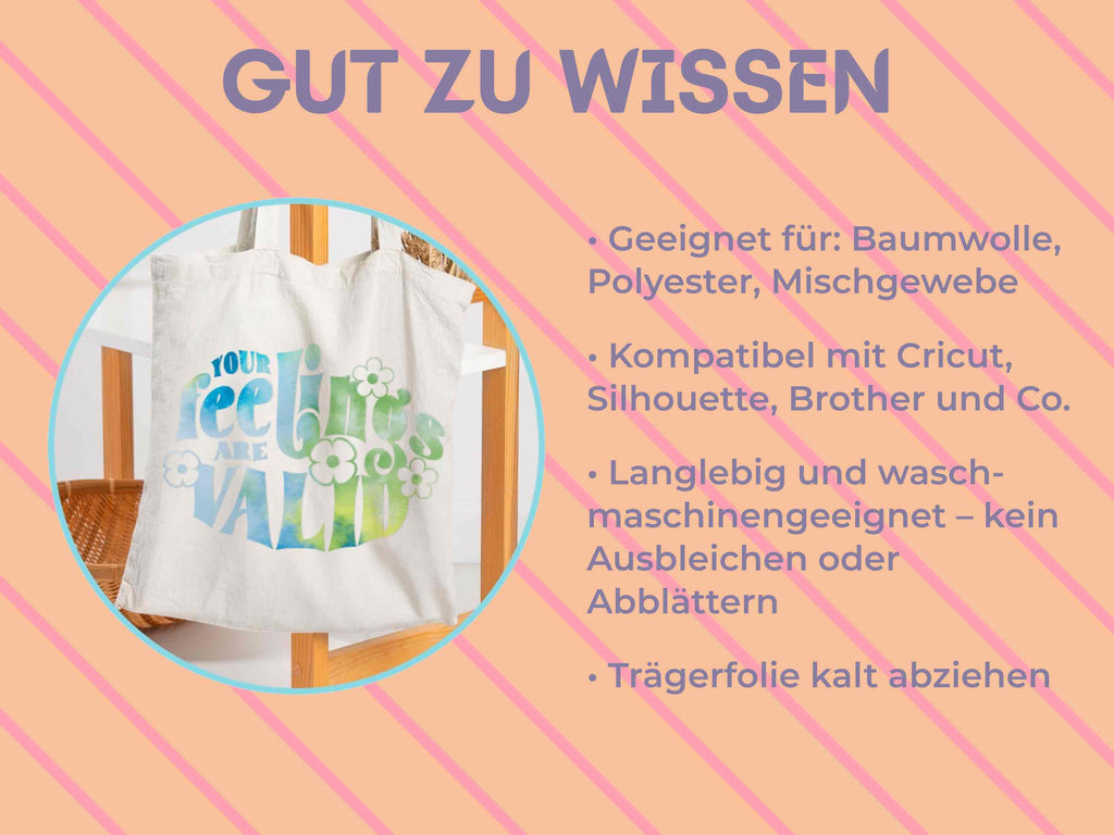 Designbeispiel mit Colorful Splash HTV-Folie auf Stofftasche – Statement-Plot mit Farbverlauf und Flower-Power-Stil.
