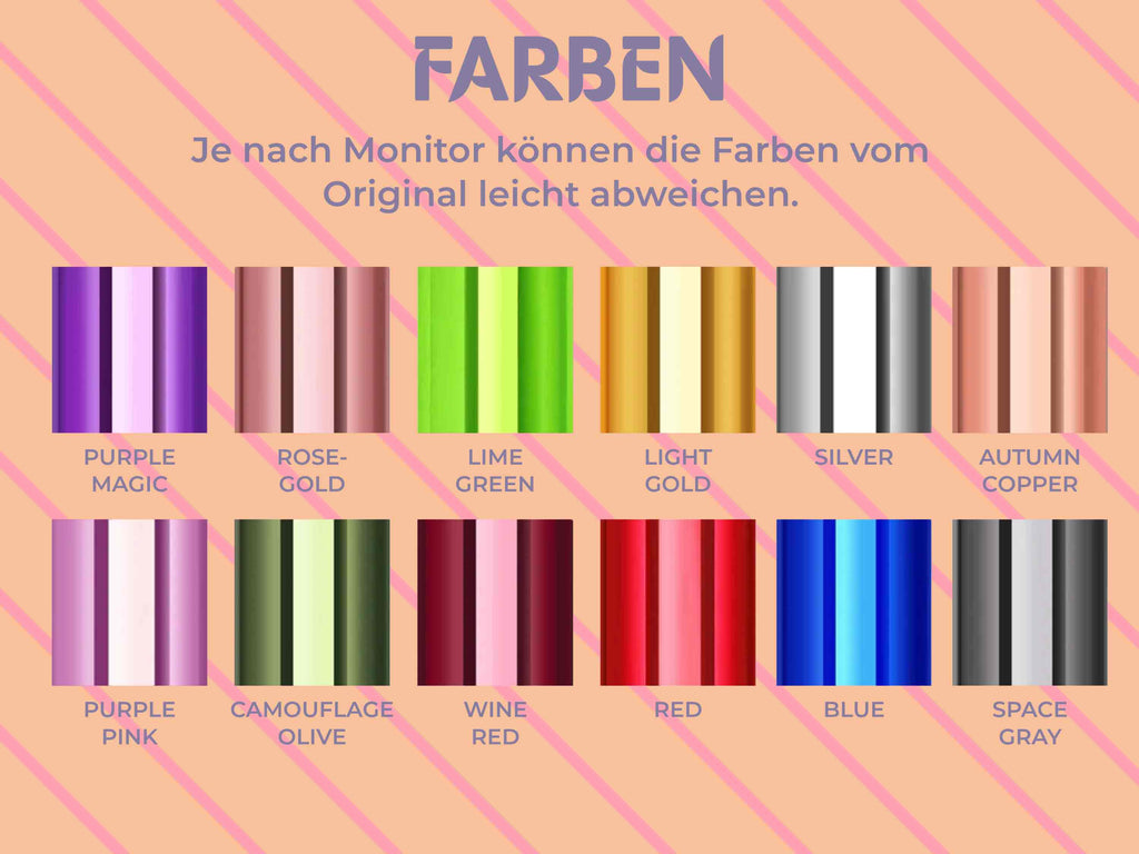 Übersicht aller verfügbaren Farben der Mirror Chrome Vinylfolie von TeckWrap Craft: Purple Magic, Rosegold, Lime Green, Blue, Red u. v. m.