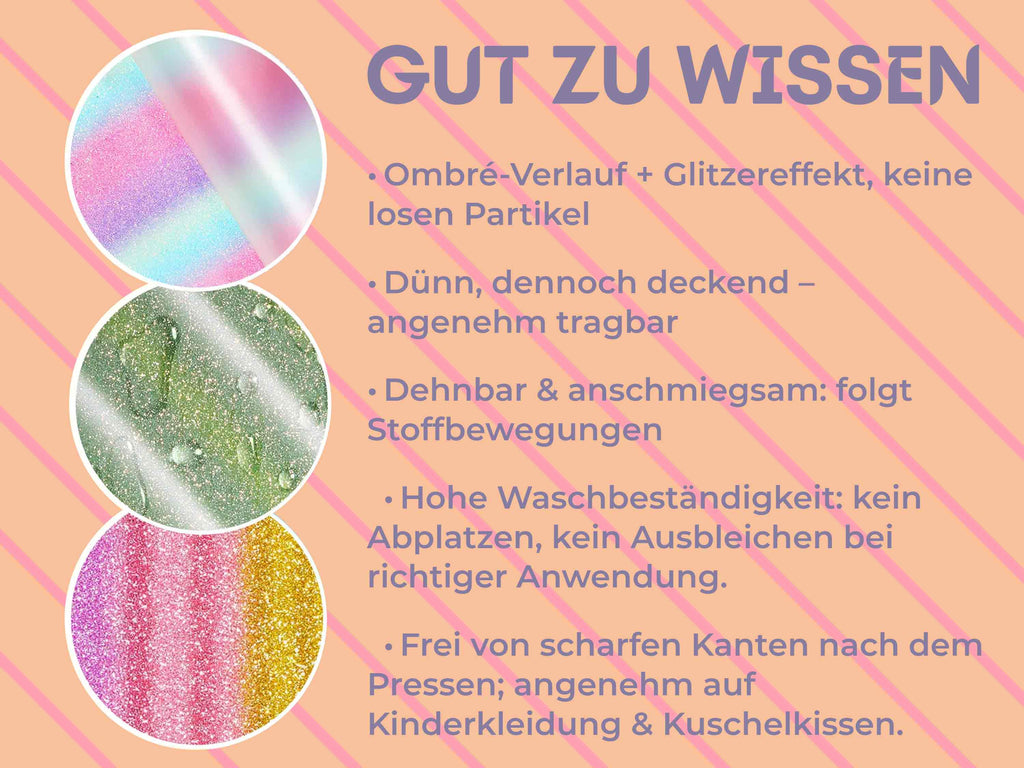 Nahaufnahmen und Details der bunten Ombré Glitter Textilfolien mit Glitzereffekt und glatter Oberfläche – ohne Glitzerabrieb
