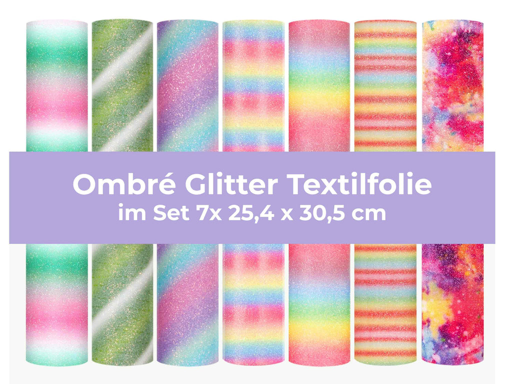 Set aus 7 Ombré Glitter HTV-Folien mit Farbverlauf und Glitzereffekt von TeckWrap Craft, 25,4 x 30,5 cm – ideal für kreative DIY-Projekte