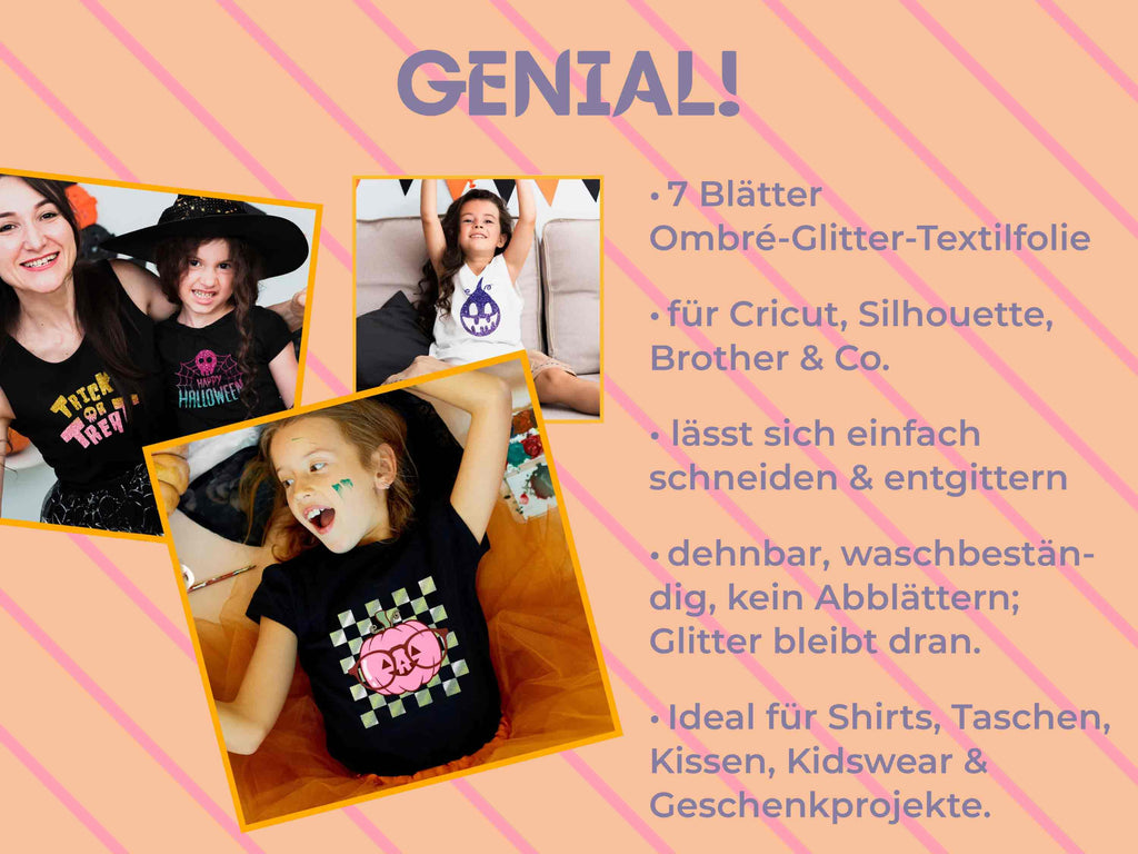 Anwendungstipps für das Ombré Glitter HTV-Set: einfache Verarbeitung mit allen gängigen Plottern, besonders für Kinderkleidung geeignet
