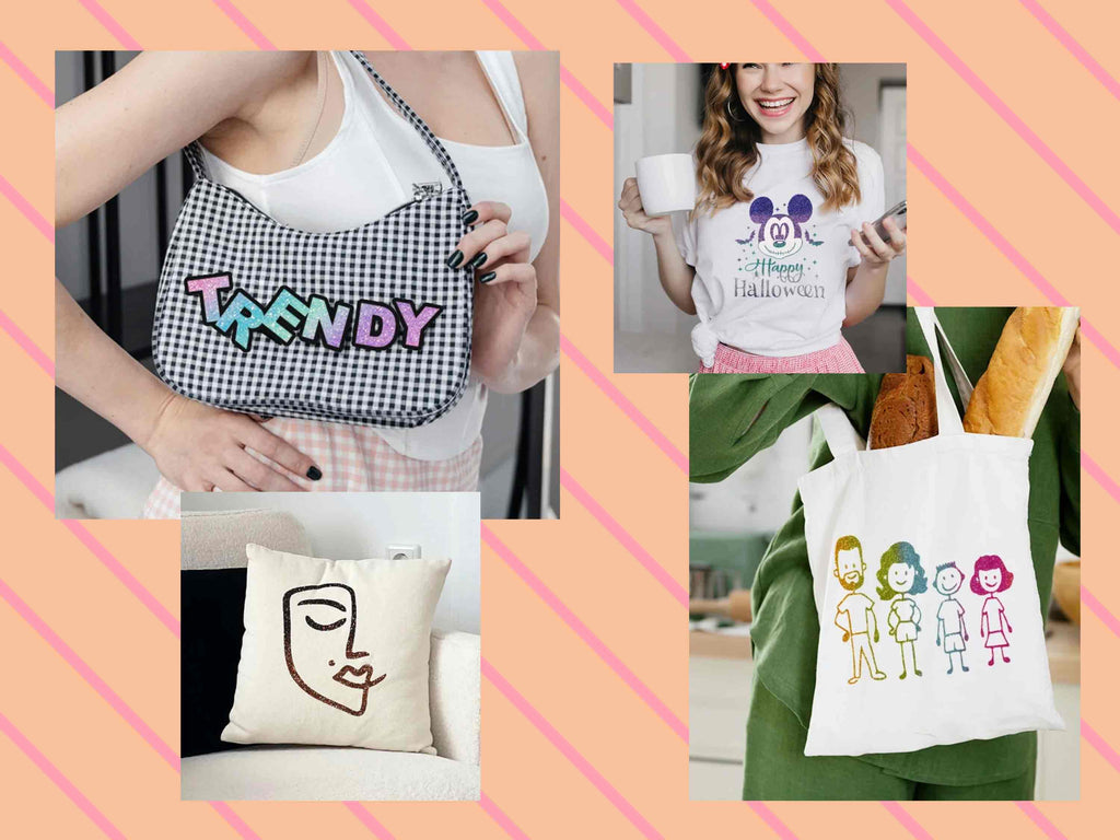 Beispiele für DIY-Projekte mit Ombré Glitter Textilfolie – auf Shirts, Taschen, Kissen und Kleidung mit Cricut, Silhouette oder Brother geplottet
