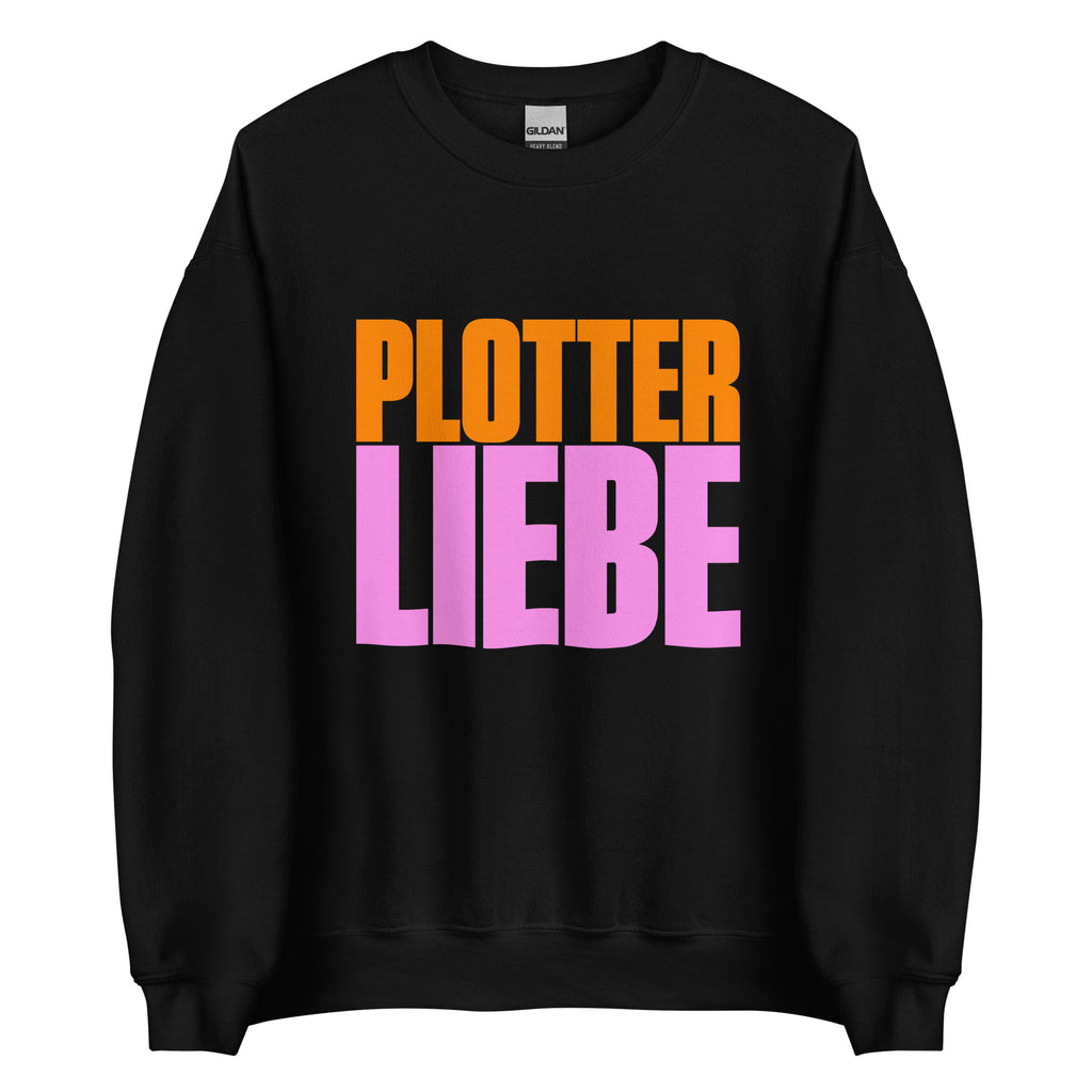 Schwarzer Plotterliebe Sweater mit auffälligem Print in Orange und Pink – cooler Plotter-Merch für kreative Köpfe