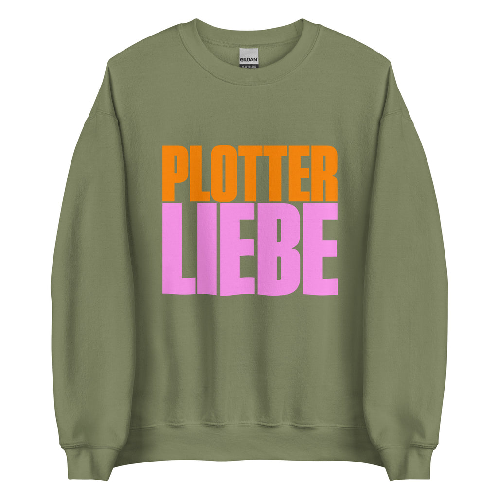Plotterliebe Sweater in Militärgrün – Unisex-Sweatshirt mit farbenfrohem Statement-Print für Plotter-Community