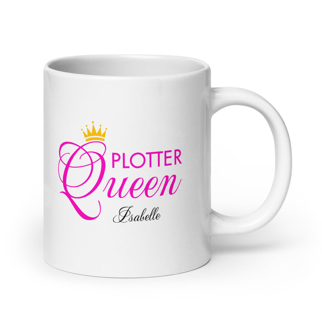 Weiße Plotter Queen Tasse mit pinken Schriftzug und goldener Krone – personalisiert mit Namen, ideal für kreative Plotterfans