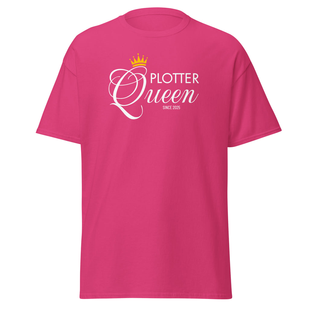 Plotter Queen T-Shirt in Helikonie Pink mit goldener Krone und weißem Schriftzug – perfektes DIY-Shirt für Plotterfans