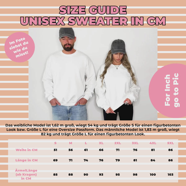 Größentabelle für Sweater in cm – Übersicht für Unisex-Passform und Maßangaben