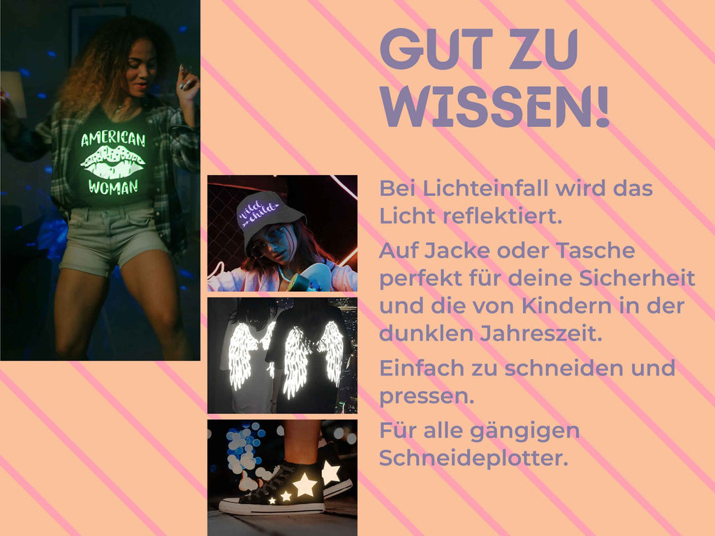nwendungsbeispiele der reflektierenden Textilfolie bei Dunkelheit – leuchtende Motive auf Shirt, Hut, Schuhen und Jacke für bessere Sichtbarkeit bei Nacht.