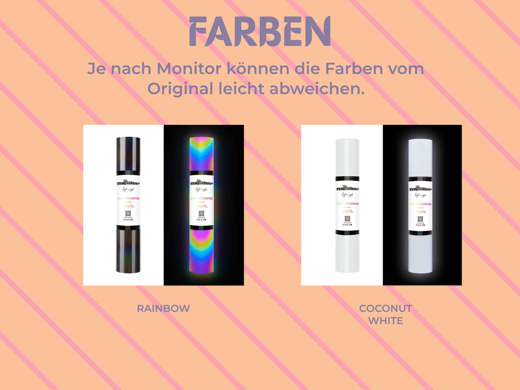 Zwei Farbvarianten der reflektierenden Textilfolie von TeckWrap Craft: Coconut White und Rainbow – leuchten bei Lichteinfall und sind perfekt für sichtbare DIY-Projekte.