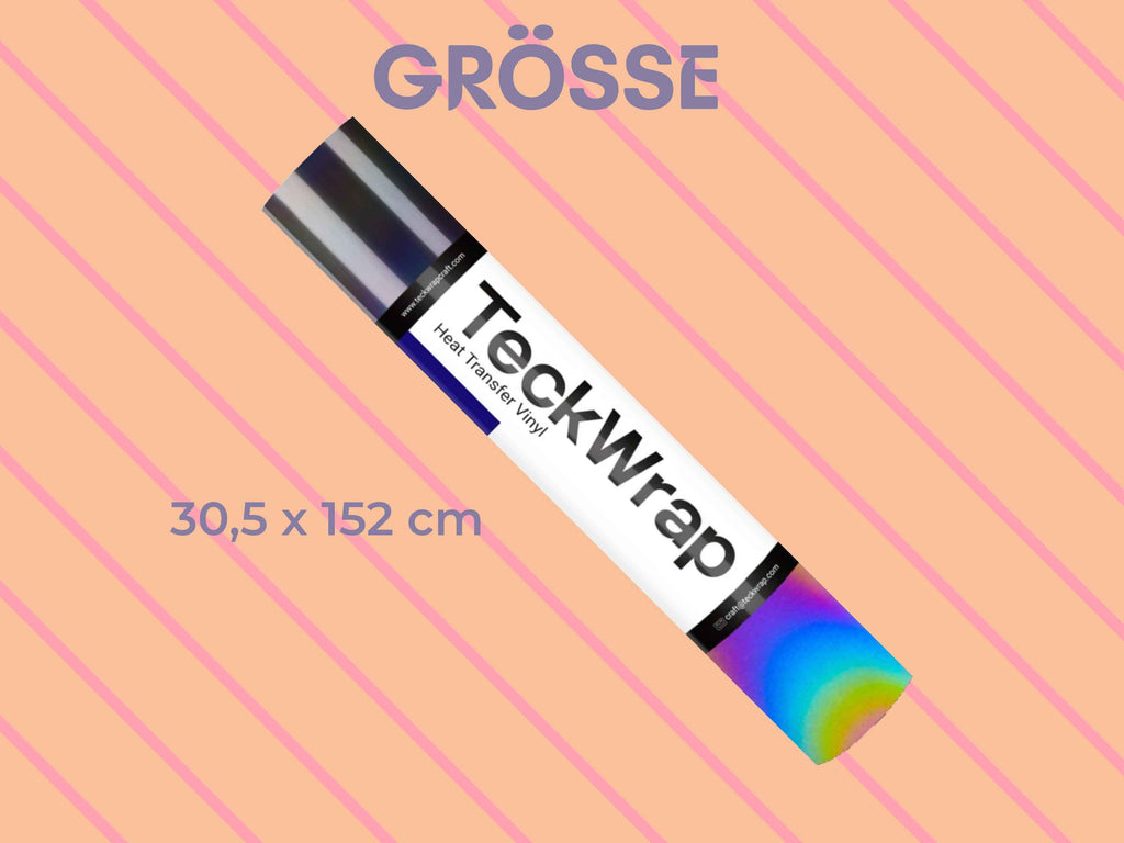 Größenangabe der Reflective HTV von TeckWrap Craft: 30,5 × 152 cm – perfekt für Shirts, Taschen und kreative Sicherheitsdesigns mit Farbwechsel-Effekt.