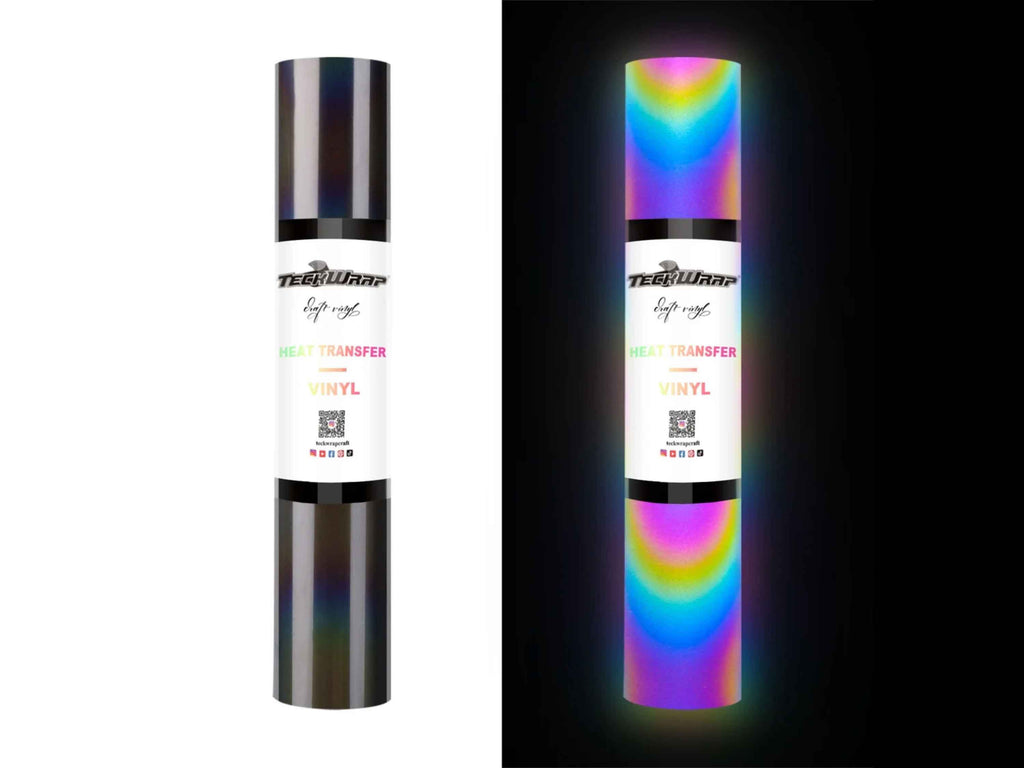 HTV Rainbow von TeckWrap Craft im Vorher-Nachher-Vergleich: beeindruckender Farbeffekt unter Licht – ideal für kreative DIY- und Sicherheitsprojekte.