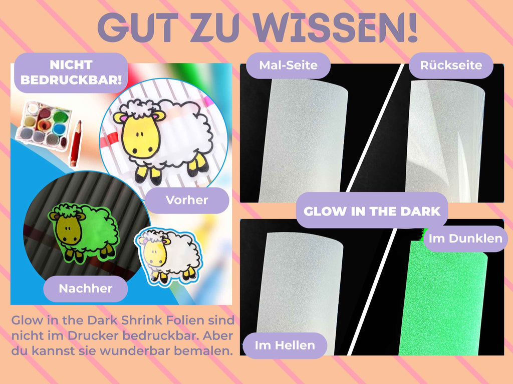 TeckWrap Glow-in-the-Dark Schrumpffolie mit Mal-Seite und Rückseite – leuchtet im Dunkeln, ideal für kreative Bastelideen