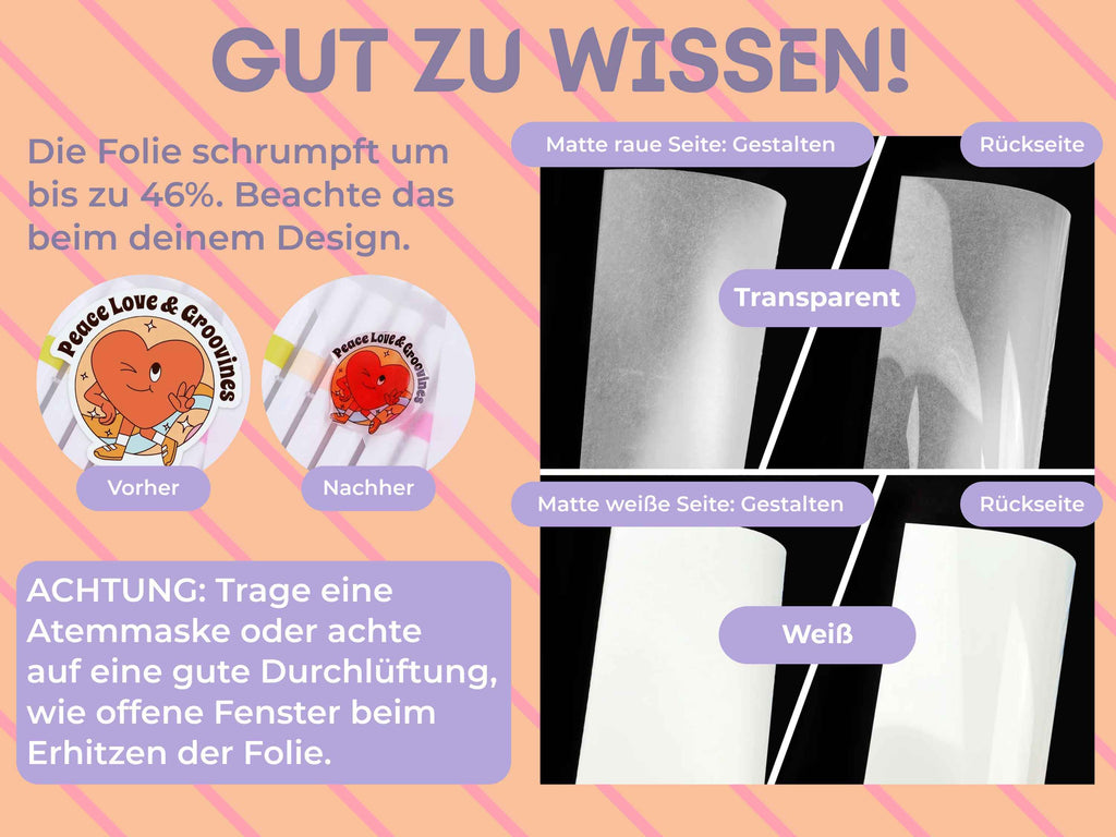 Weiße und transparente Schrumpffolie mit Hinweisen zur Gestaltung und Designverkleinerung – bis zu 46 % Schrumpfmaß