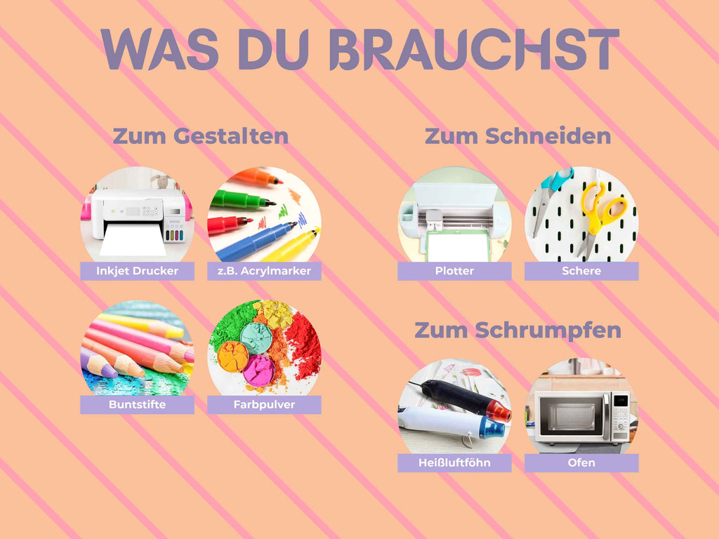 Zubehör für Shrink-Folie DIY: Drucker, Marker, Buntstifte, Plotter, Schere, Heißluftföhn und Backofen – das brauchst du