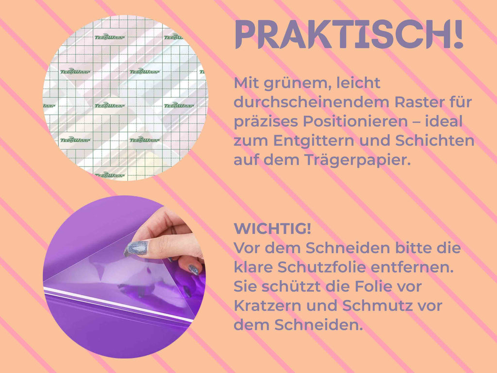 Nahaufnahme vom Rasterpapier mit Schutzfolie der TeckWrap Craft Mirror Chrome Folie – ideal für präzises Schneiden und Entgittern.